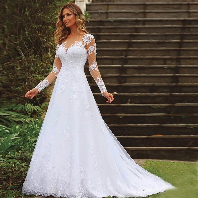 Elegant ชุดแต่งงานสีขาวสำหรับสตรี2022ลูกไม้ Appliques แขนยาว A-Line ชุดเจ้าสาวชุดเจ้าสาว Vestidos De Noiva