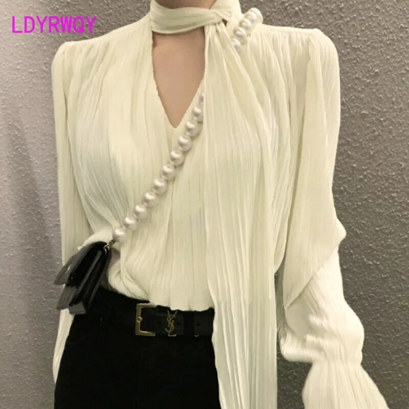 South Korea 2022 Autumn/Winter New Solid V-Neck Tie Fold Flare Sleeve Loose Versatile Long Sleeve Shirt Top Women