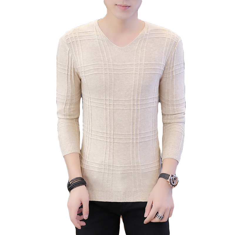 New Slim Men's V-neck Collar Sweater Breathable Classical Solid Striped Patterned Autumn Man Pullovers