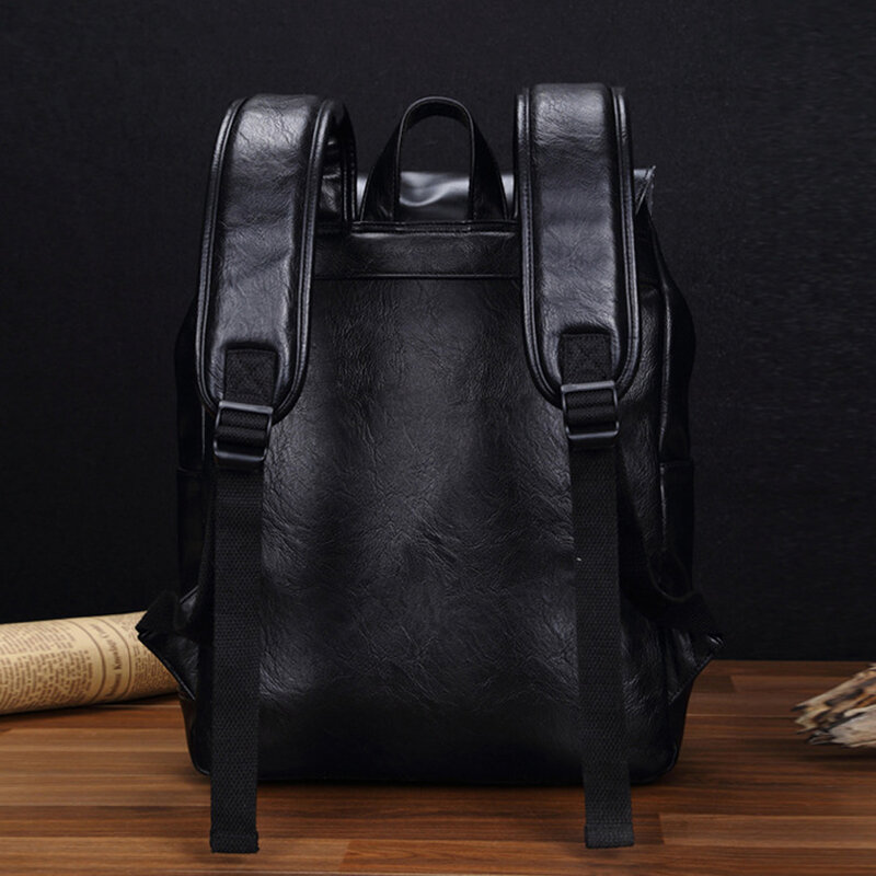 Mochila impermeável de couro PU para homens, mochilas laptop vintage, mochila escolar estudantil, fivela de ajuste, escritório, preto