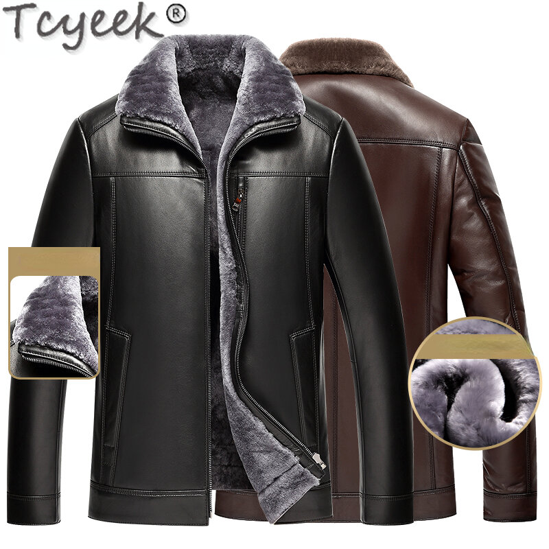 Tcyeek-メンズ本革ジャケット,ウール,ファー,コート,ジャケット,暖かい毛皮,zm422