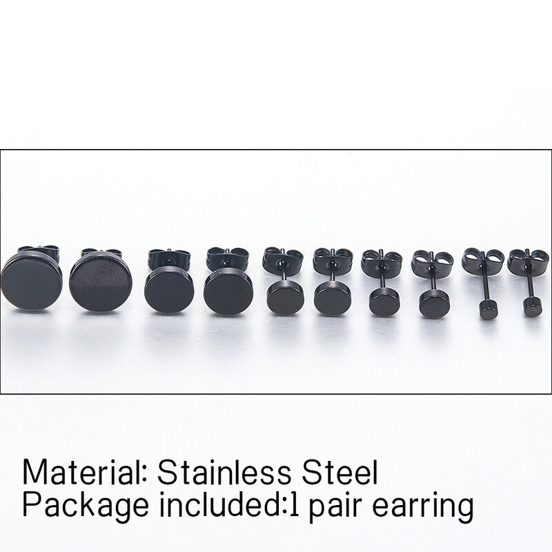 Серьги-гвоздики из нержавеющей стали, круглые, черные, 5 размеров, в стиле панк