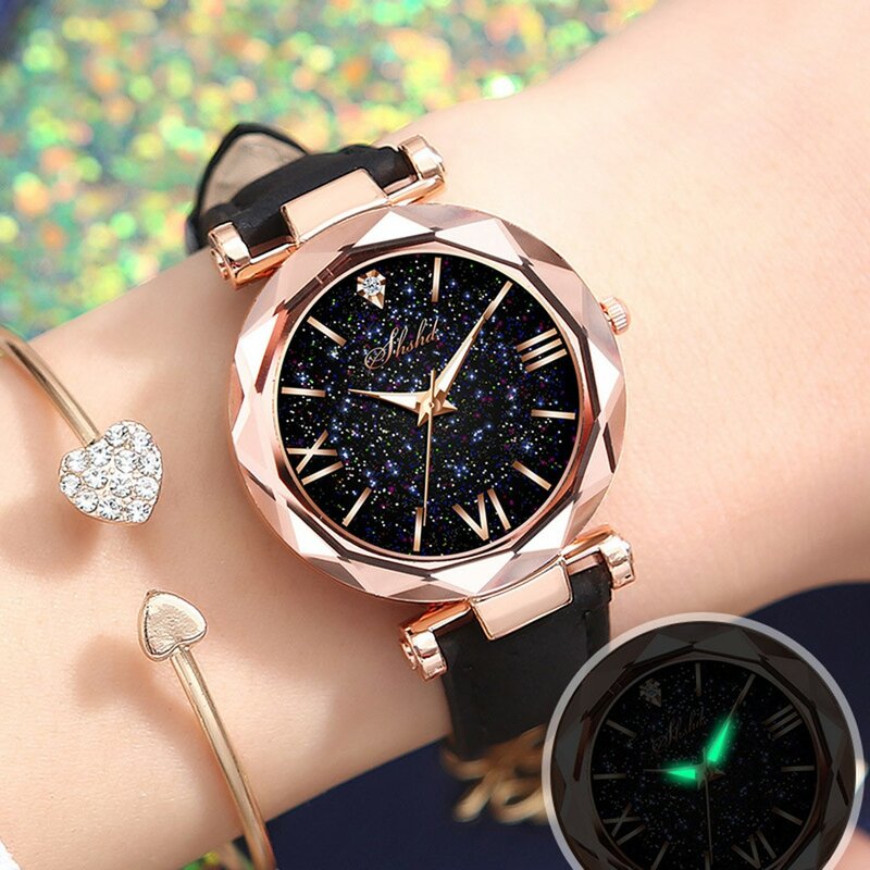 Kobiety oglądają romantyczny zegarek z kryształami górskimi Starrysky modny zegarek zegarek damski ze skórzanym paskiem dla kobiet Relogio Feminino Montre Femme