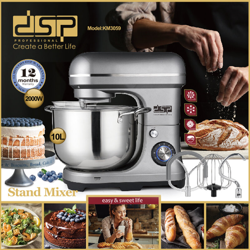 DSP Hot Sale Heavy Duty 2000W Stand Mixer Baking Bread Dough Mixer 10L Household Kitchen 8 Speed Tilt-Head Cake Food Mixers