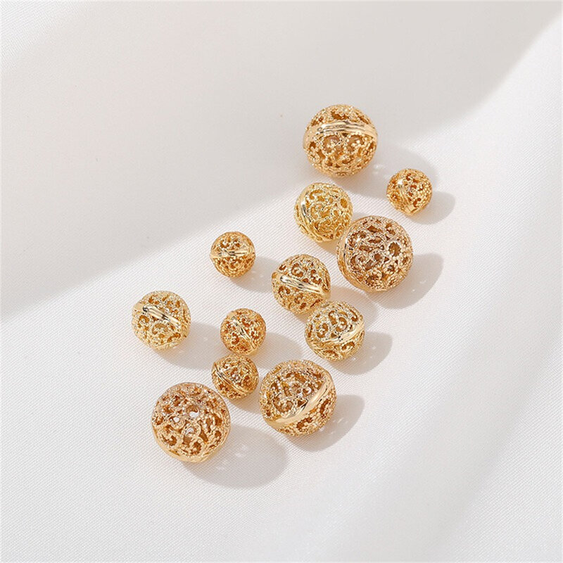 14K Gold-wrapped ukiran bola berongga manik-manik Diy bunga gelang mutiara gelang kalung bahan perhiasan aksesoris L136