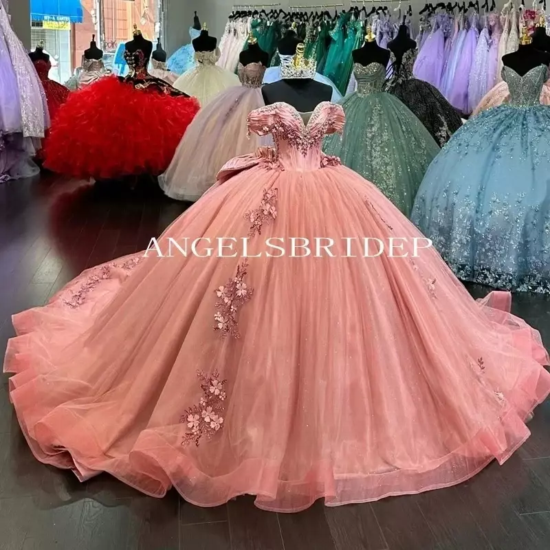Vintage Blush Princess Quinceanera Dresses Off Shoulder Vestidos De 15 Años Beading Flower Lace Formal Birthday Party Prom Dress