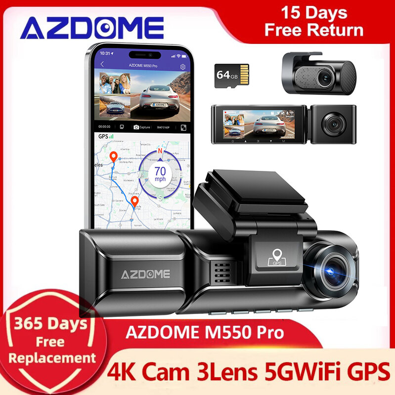 AZDOME-Car DVR M550 Pro Dash Cam, 4K, 5.8Ghz, WiFi, 2 ou 3 câmeras, Frente, Cabine, Câmera traseira, GPS, Visão Noturna, Monitor de Estacionamento, Atualização