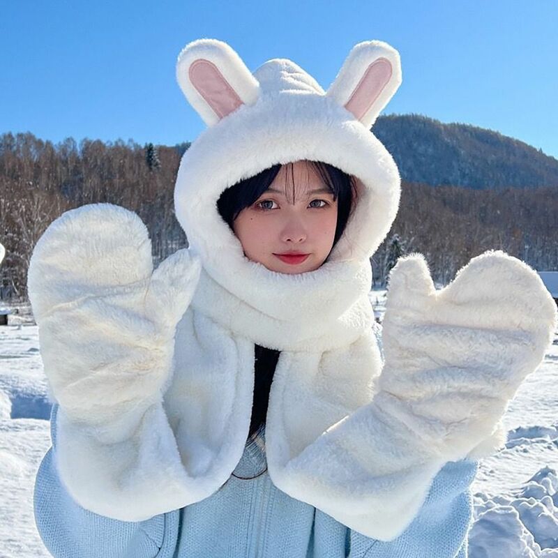 Conjunto de guantes de felpa de conejo, gorro cálido, bufanda, cómodo, sin ala, lindo, para uso diario, Invierno