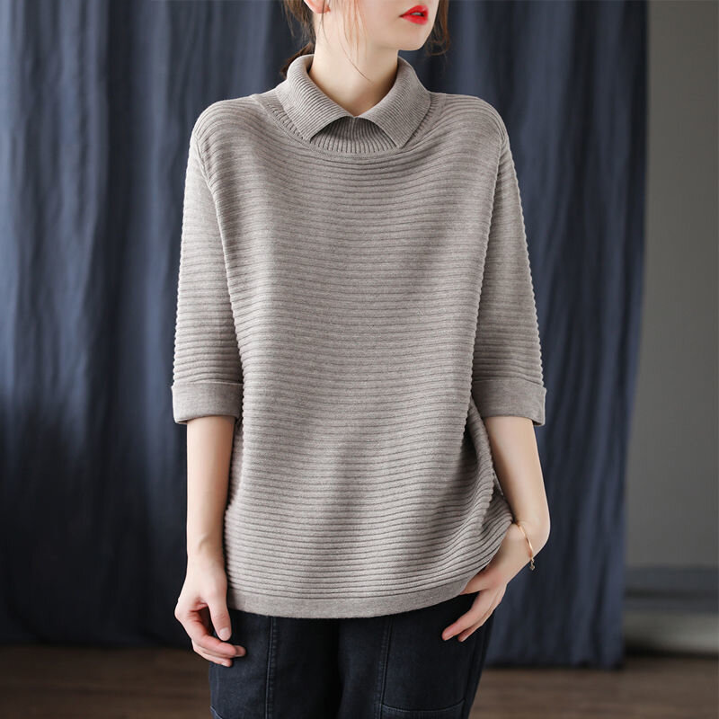 Весна 2023, корейская мода, простые однотонные базовые вязаные свитера в стиле ретро с рукавом до локтя, Женский Повседневный Свободный пуловер, топ, женская одежда