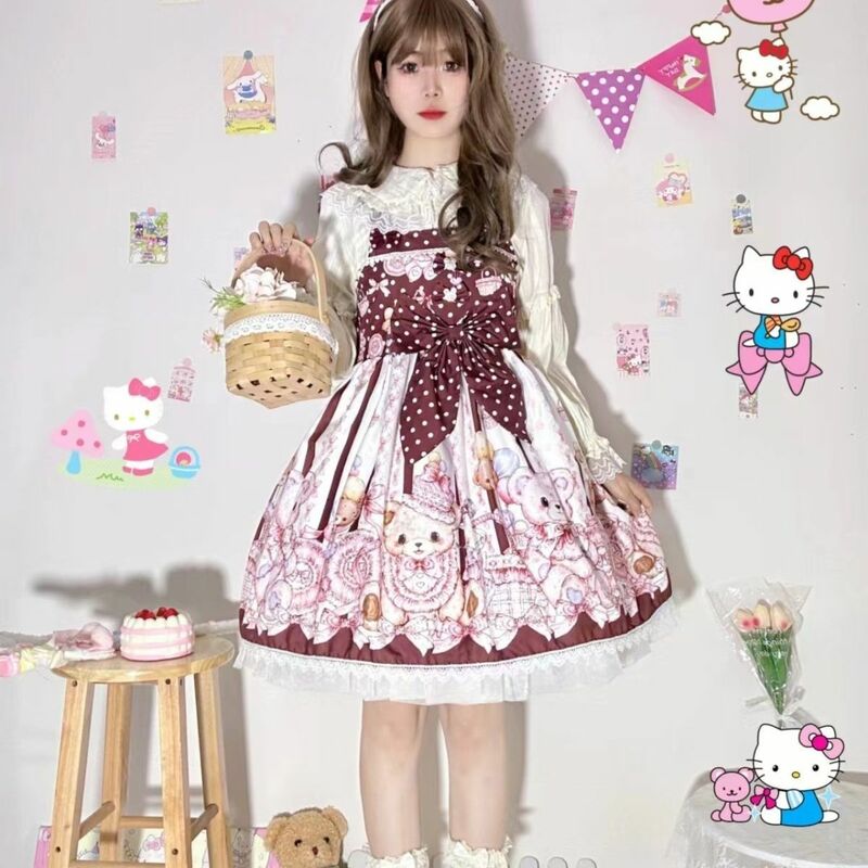 Vestido de princesa Lolita para mujer, minivestido Kawaii con estampado de oso de dibujos animados, con lazo y tirantes, para fiesta de té
