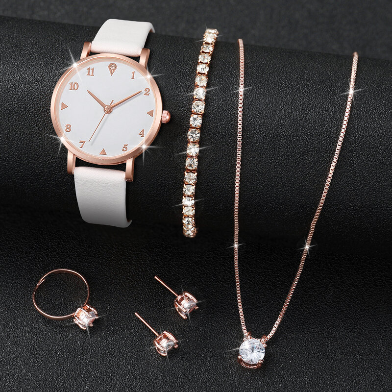 6pcs/set Fashion Women Leather Strap Quartz Watch & Diamond Jewelry Set