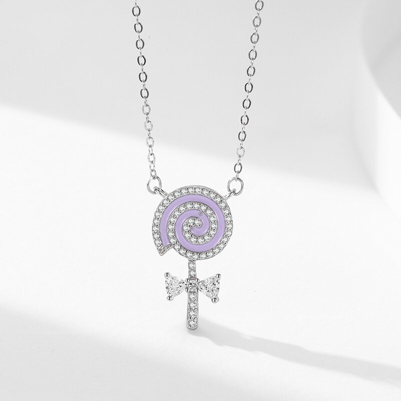 Ailmay 925 Sterling Silver Charm Purple Enamel Lollipop Dazzling CZ Pendant Necklace For Women Girls Party Accessories Jewelry