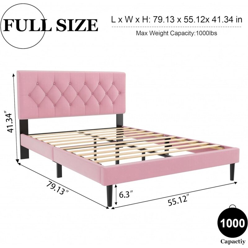 Full Size Platform Bed Frame Met Gestoffeerde Knop Getuft Hoofdeinde, Matrasfundering Met Houten Lamellensteun, Geluidsvrij,