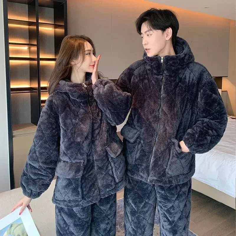 2024 New Sleepwear Men's Autumn and Winter Loungewear Three-layer Thickened Pajama Set for Warmth Preservation Hooded Homewear