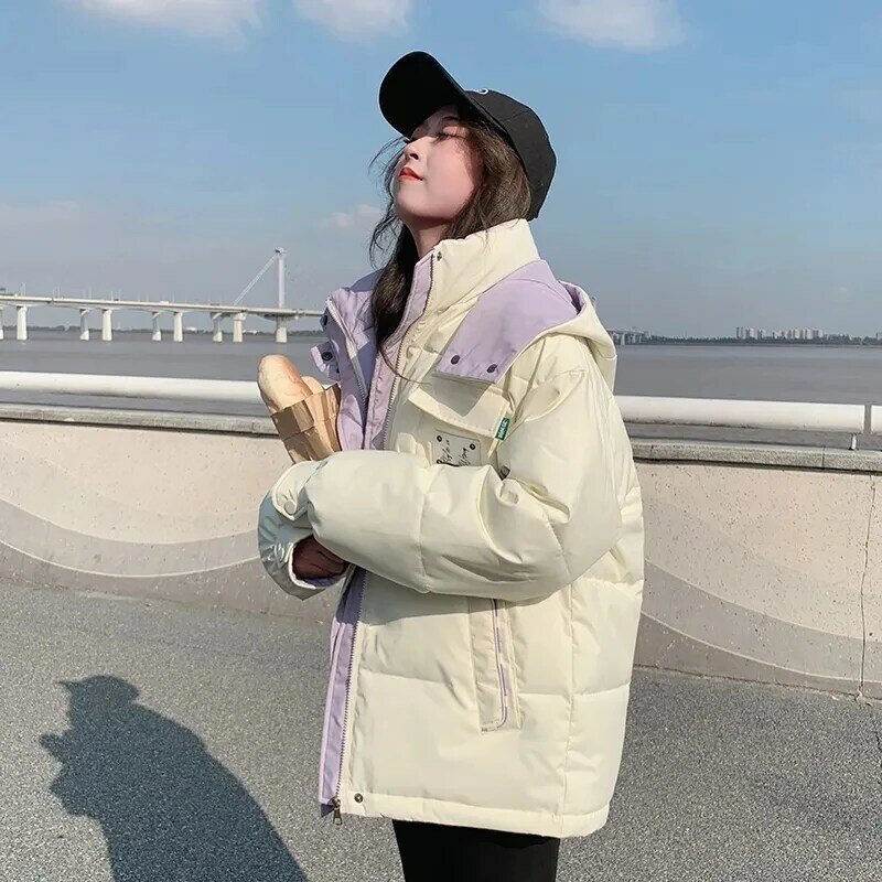Down Cotton Jacket Women 2023 Winter Jackets New Fashion Loose Warm All-match Bread Coat Female Hooded Splicing Thick Parkas