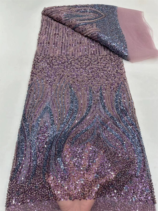Hoh кружево высокого качества 2024 бисер кружевная ткань Роскошная вышивка африканская ткань фиолетовая оранжевая блестящая ткань женская вечерняя модель