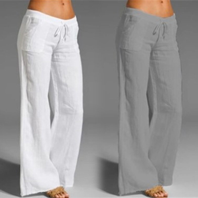 กางเกงขาม้าฝ้ายลินินลำลองสำหรับผู้หญิงกางเกงขากว้างกางเกงเอวสูงกางเกงขายาวยางยืดกางเกงวอร์มสตรีทแวร์