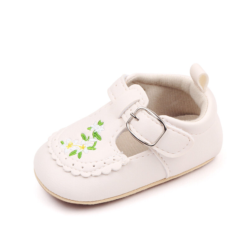 Sapatos de princesa antiderrapante para bebês, couro PU macio, flor bordada, sapatos de criança, primeiro caminhante