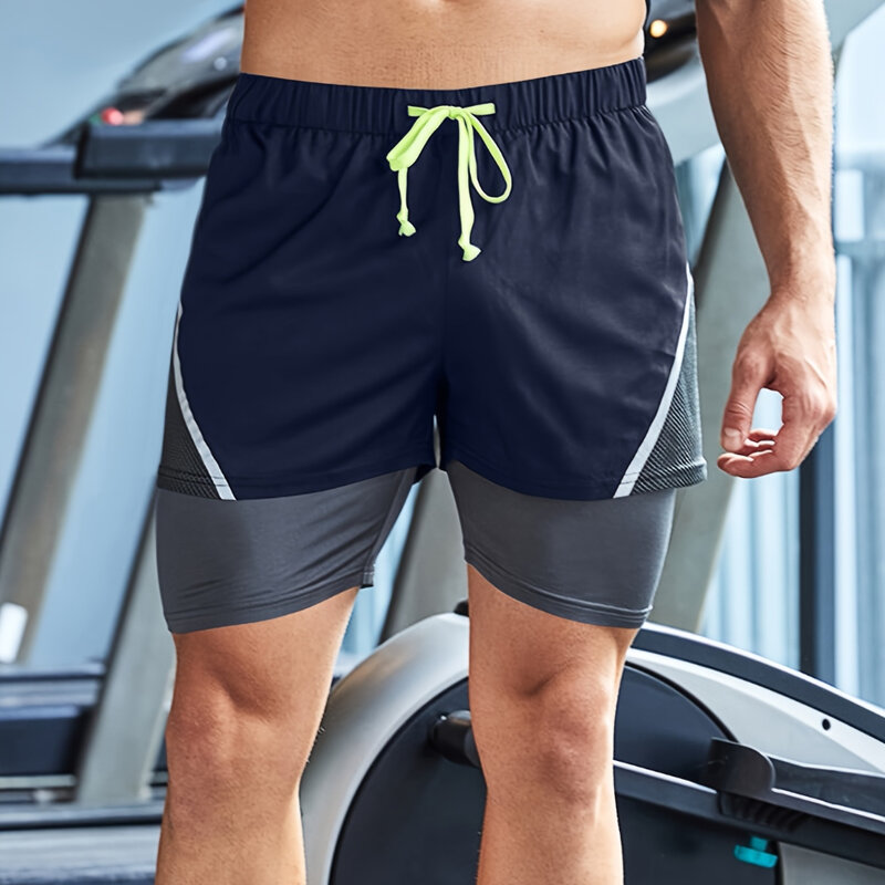 Мужские летние дышащие повседневные шорты с эластичным поясом, шорты 2 в 1 для фитнеса, быстросохнущие спортивные двухслойные мужские шорты для бега