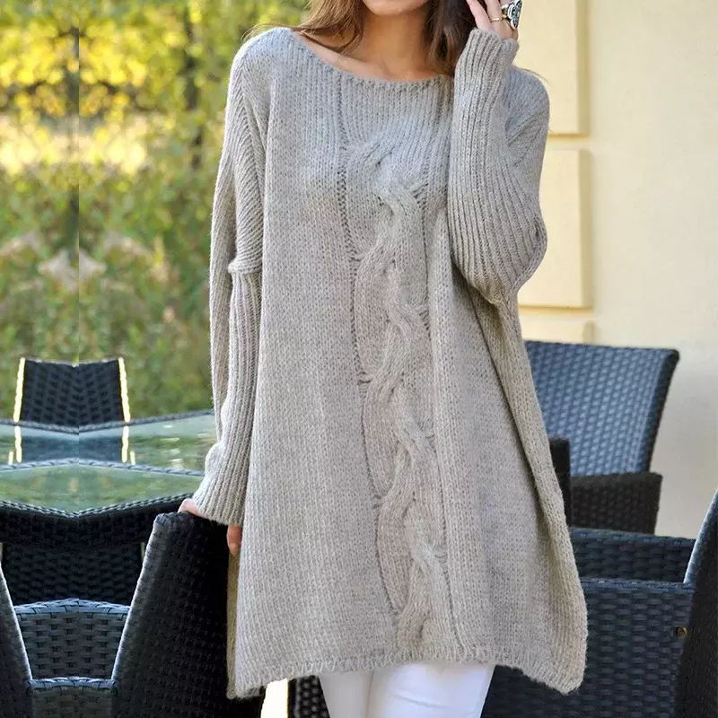 2023 Women's Sweaters Mid-length Solid Color Cable-style Loose Sweater for Women
