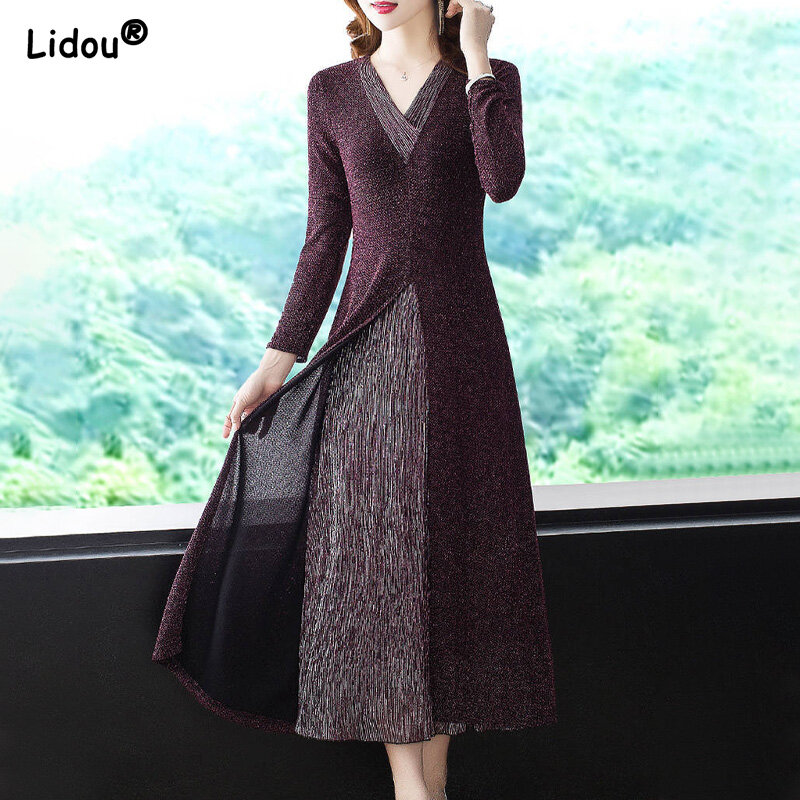 Moda elegante nova cor sólida retalhos com decote em v vestido de manga comprida outono inverno império vintage magro roupas femininas 2022