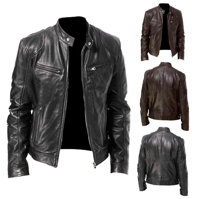 Мужская мотоциклетная кожаная куртка, облегающее короткое пальто из искусственной кожи с лацканами, осенняя новая ветрозащитная кожаная куртка на молнии и с воротником-стойкой, мужская одежда