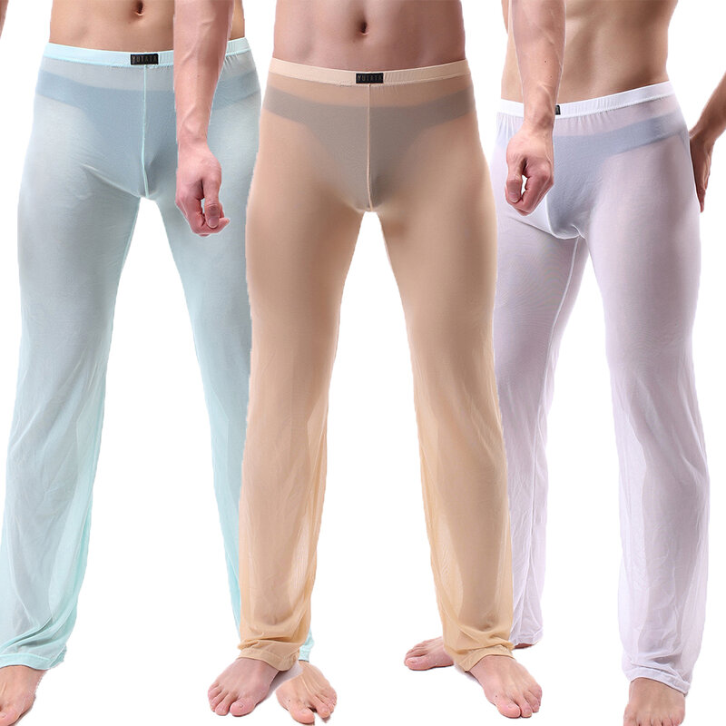 Pantalones de salón transparentes para hombre, ropa de dormir Sexy, suelta, de malla transparente, pantalón largo, informal, transparente, para el hogar