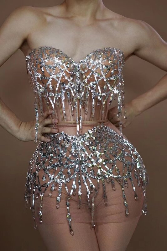 Новое прозрачное Сетчатое кружевное высокоэластичное привлекательное облегающее платье с короткими рукавами и блестками для выступлений на сцене