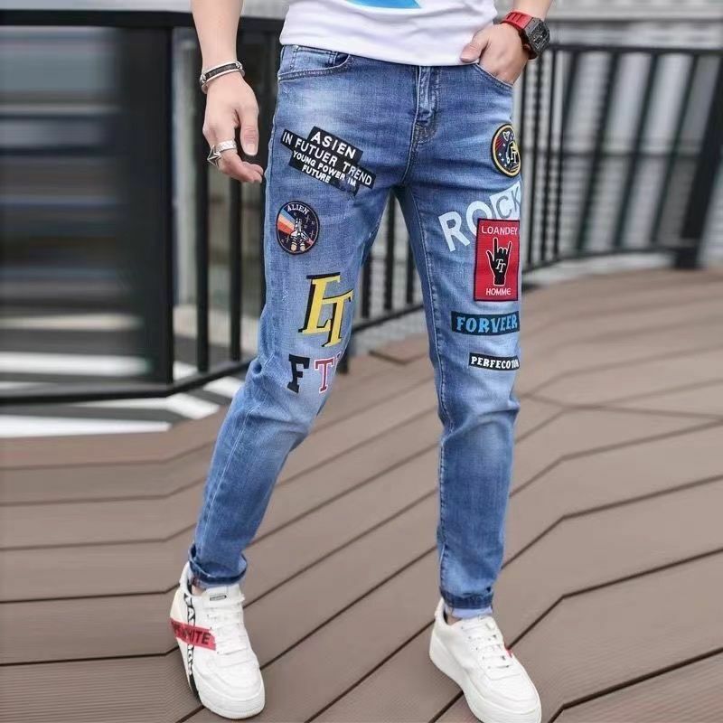 Novo calças de brim fino streetwear 90s hip hop magro gráfico roupas de grife original cowboy casual estiramento bordado calças para homem