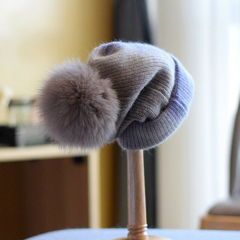 New Woman Fox Fur Ball Hats Rabbit Fur Winter Pullover Cap Female Fur Pom Poms Ski Hat Two Color Stitching Beanies Gradient Hat