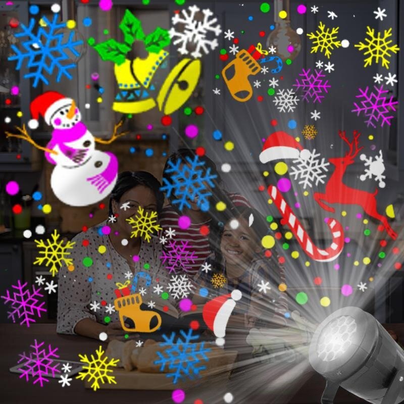 Рождественская проекция, искусственная подсветка, 16 фигурок, рисунок со снежинками, Рождественская декоративная подсветка, красочный вращающийся проектор, ночник