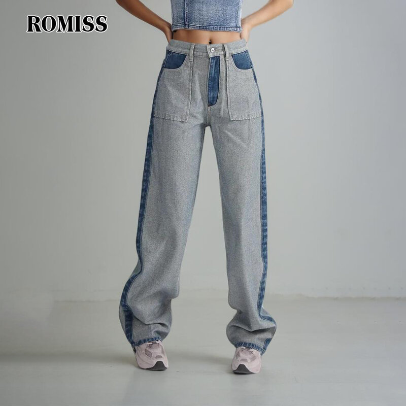 ROMISS Casual Fashion Loose Denim Trousers For Women High Waist Patchwork Pockets Streetwear Vintage Colorblock Jeans Female