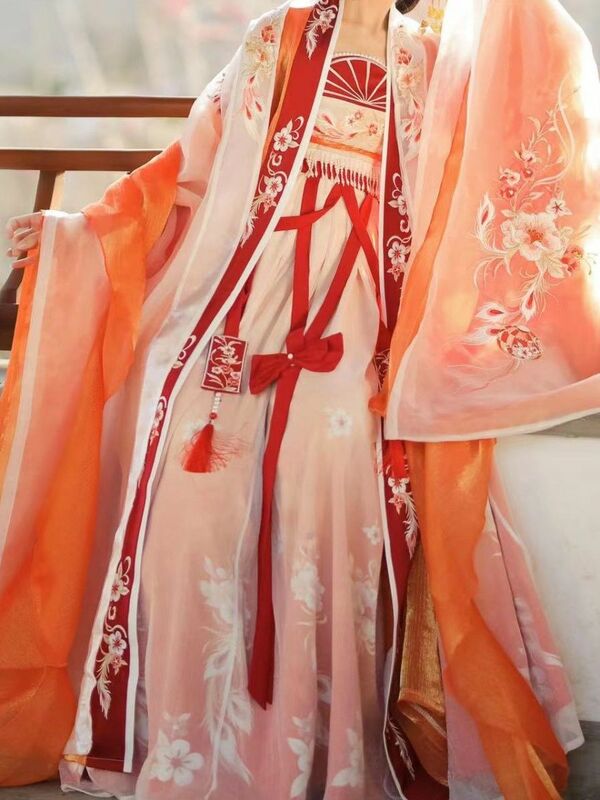 สีส้ม Hanfu ผู้หญิงสไตล์จีนโบราณคอสตูม Hezi กระโปรงราชวงศ์ถังชุดคอสเพลย์ผู้หญิงชุดประจำชาติจีน