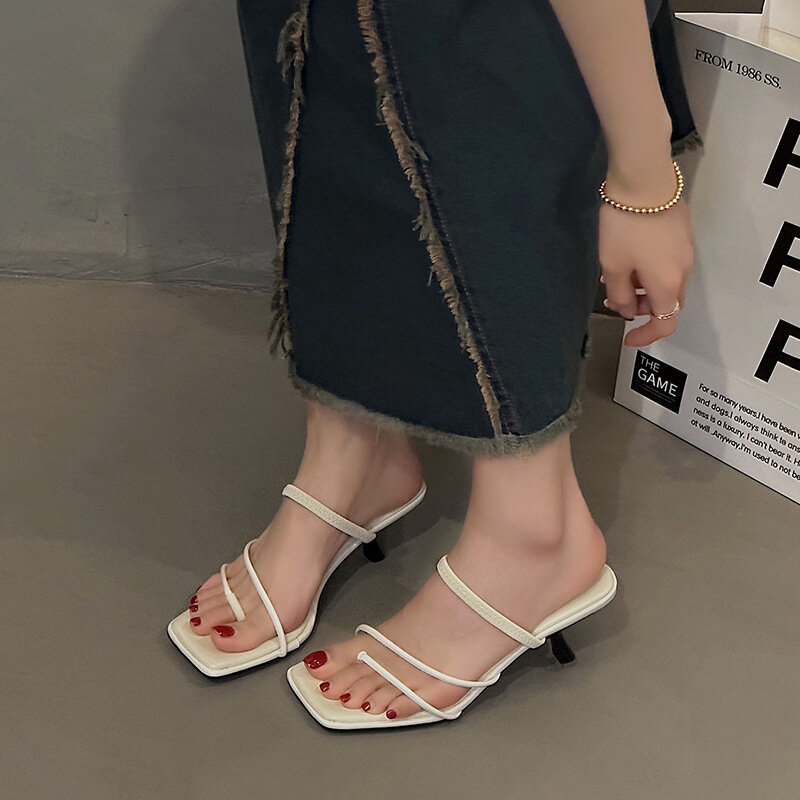 Sandalias de piel sintética con punta cuadrada para mujer, zapatos de tacón alto a la moda, estilo Retro, novedad de verano, 2024