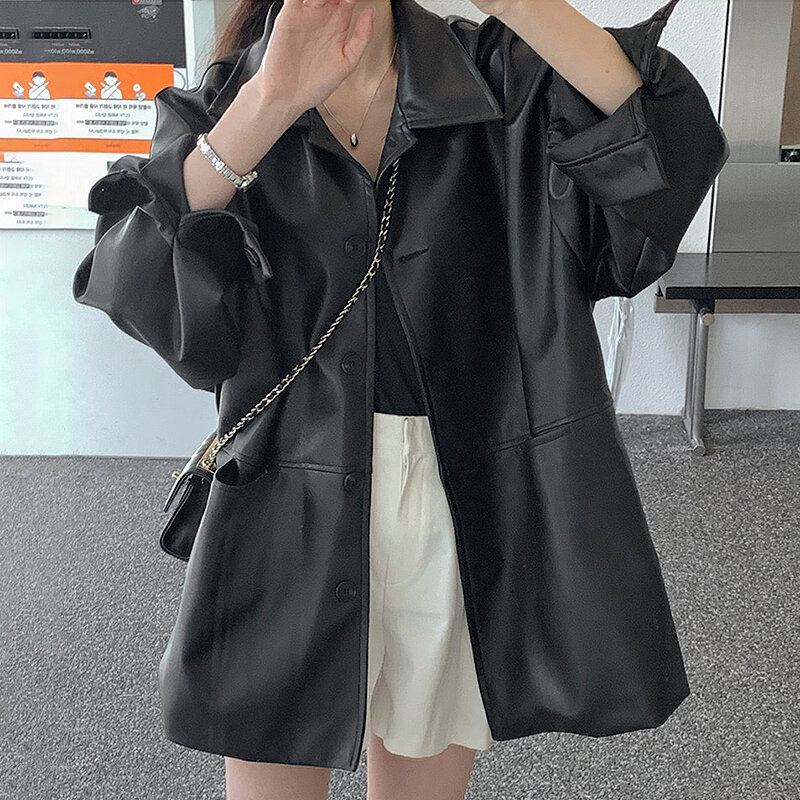 Шикарное кожаное пальто SUSOLA в южнокорейском стиле, новая классическая свободная однобортная верхняя одежда с воротником-поло в стиле ретро, черная верхняя одежда с длинным рукавом