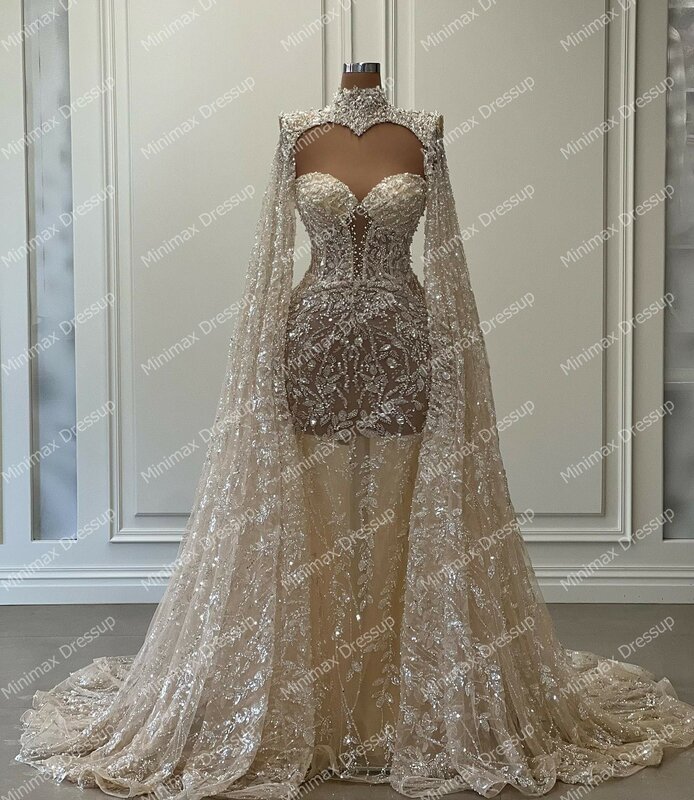Glitter Beading Flowers Lace Bridal Dress Luxury Crystals Shawl Mesh Wedding Dresses See Thru Champagne Applique Prom Party Gown