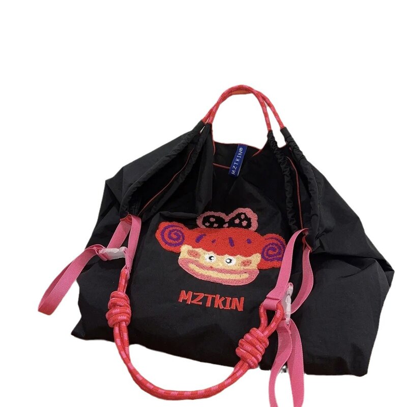 Eco saco bordado dos desenhos animados para mulheres, grande sacola do desenhador, bolsas de ombro, cordão de nylon, bolsas grandes bonitos do comprador, novo