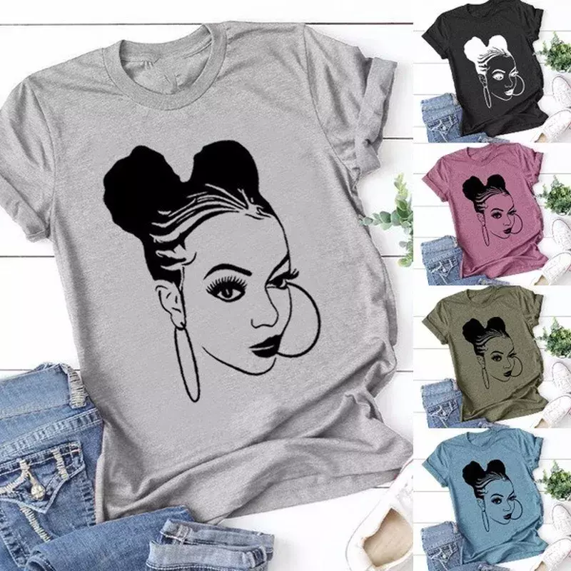 아프리카 소녀 프린트 티셔츠, 여성용 반팔, O넥, 루즈 티셔츠, 여름