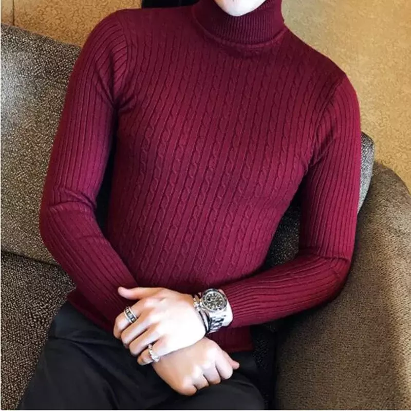 2023 корейский Тонкий Однотонный свитер с воротником «хомут», мужской зимний теплый вязаный свитер с длинным рукавом, Классическая однотонная Повседневная Нижняя рубашка