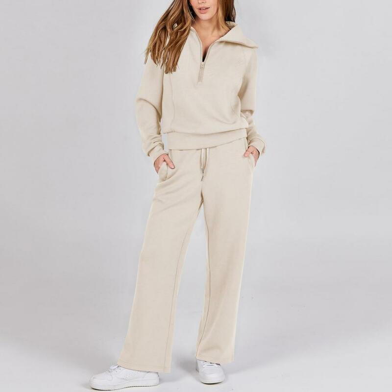 Women Two-piece Suit Cozy Lapel Coat Trouser Set for Fall/winter with Wide Leg Drawstring Pants Zipper Decor Stylish for Women