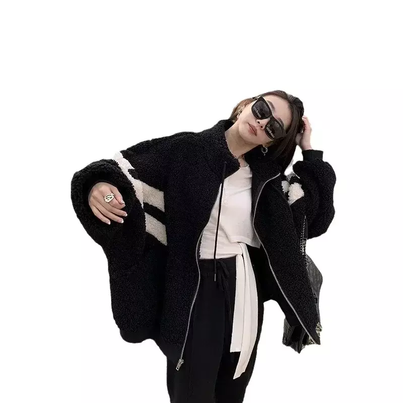 여성용 양고기 양털 따뜻한 두꺼운 코트, 줄무늬 겨울 옷, 여성 패션 코트, 스탠딩 칼라, 지퍼 탑, 가을, 2023