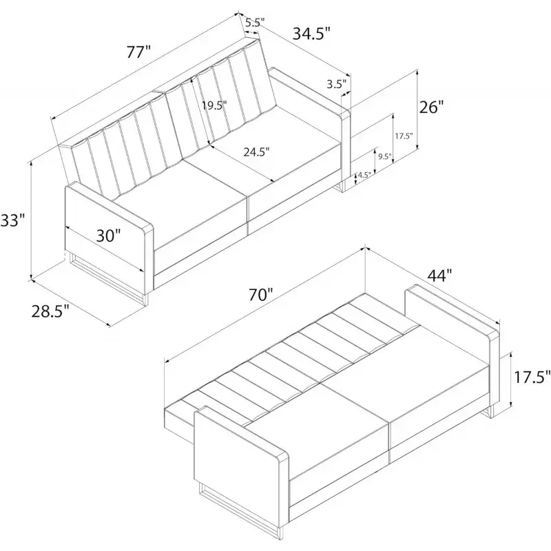 Novoconz-Skylar Bobina Futon Couch, Sofá-cama moderno e sofá, Veludo marfim