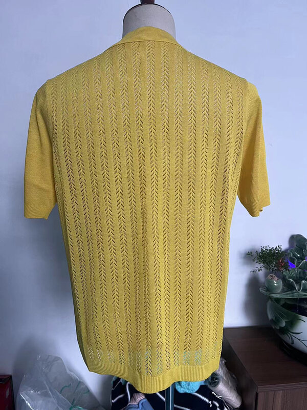 Mens Yellow Short Sleeve Knit Shirts Vintage Button Down Polo Shirt Men Casual Summer Beach Vacation Tops Chemise Homme XXL