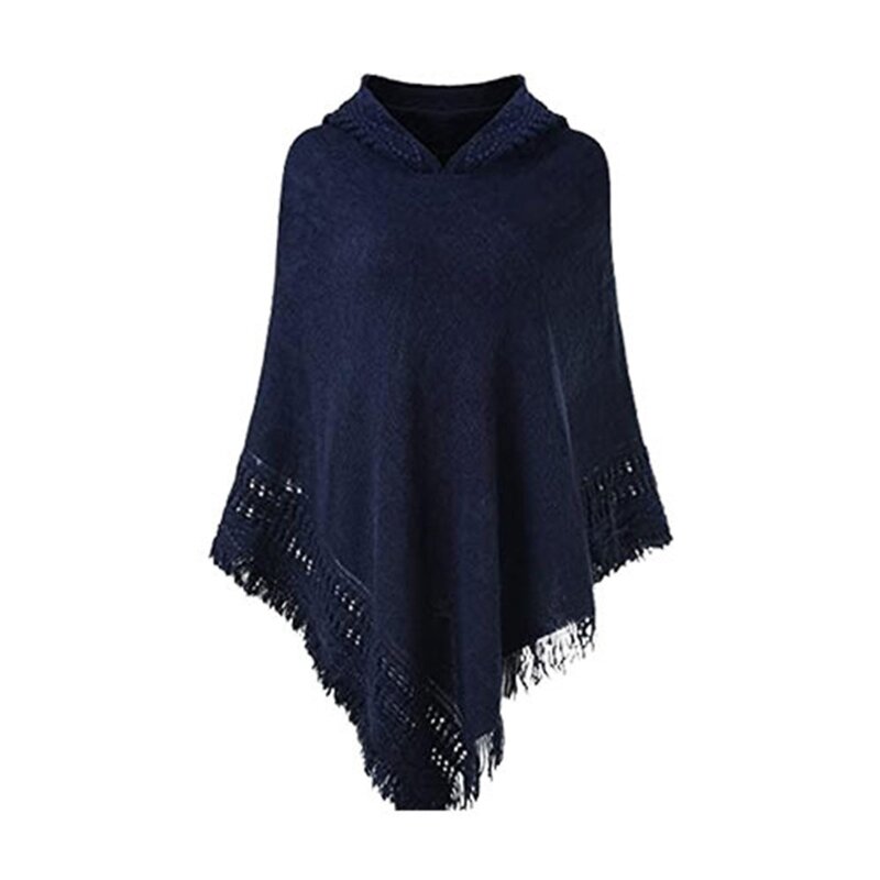 Women Winter Knit Hooded Poncho Cape Crochet Fringed Tassel Shawl Wrap Sweater DropShip