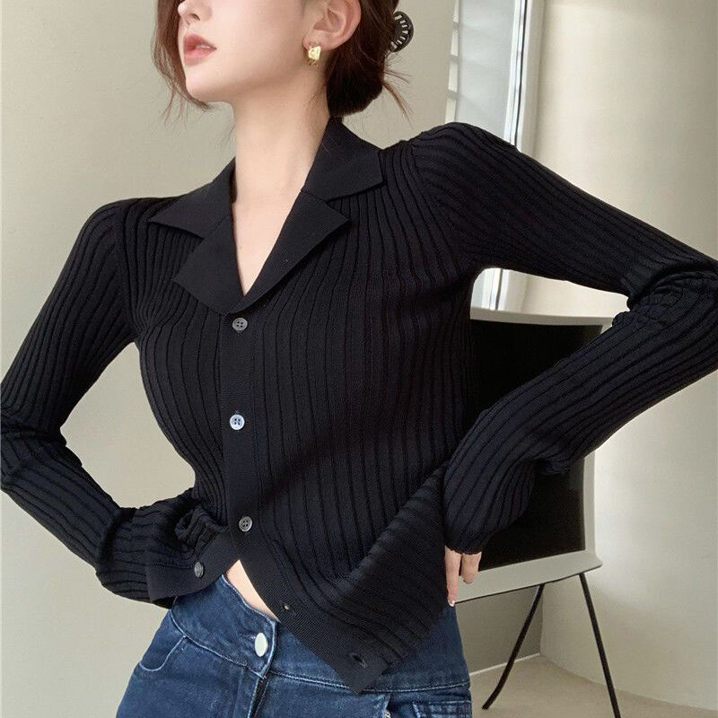 Rimocy-cardigã de malha preta com decote em v feminino, suéter de manga comprida, peito único, jumper slim, moda coreana