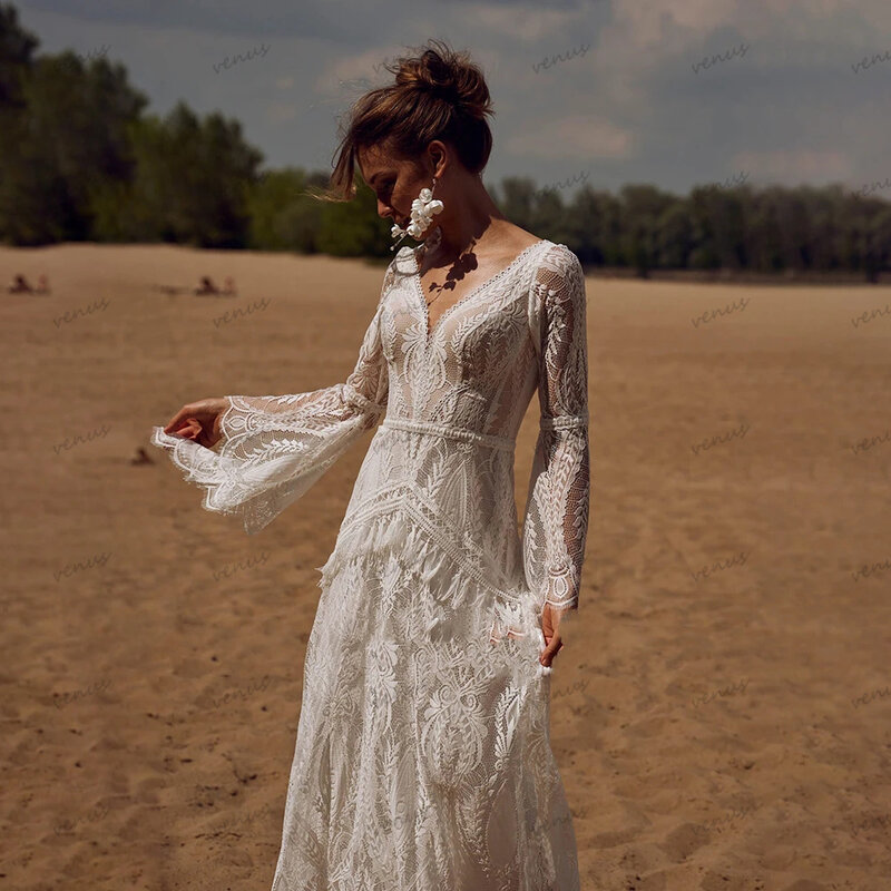 Gaun pernikahan Vintage Bohemia untuk wanita 2024 gaun pengantin Backless leher-v jubah renda lengan Flare 2023 gaun pengantin