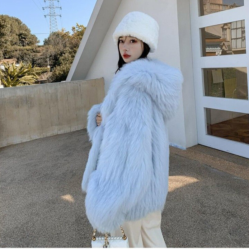 Double Woven Fox Fur Jacket for Women, Mid-length Overcoat, Loose Hooded Coat, Thick Warm Fur Parker Coat, Autumn Winter, 2023