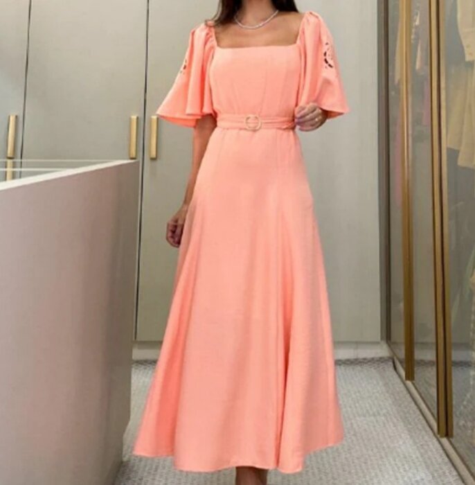 Leisure 2024 Spring Summer Women Dresses Fashion Square Neck Petal Sleeve High Waist Solid Color Long Over Knee Dress for Women