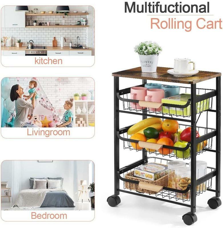 Four Tier Pull Out Shelf Black,Kitchen Cart withRack Snack Organizer Space Saving Rustproof Durable Solid