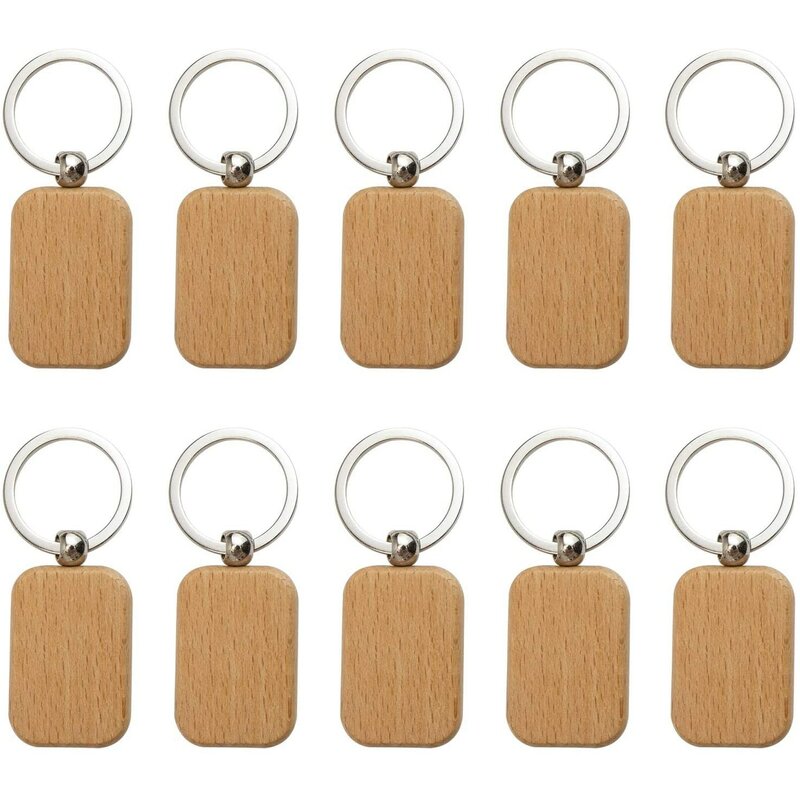 60 buah gantungan kunci kayu persegi panjang bundar kosong Swakarya gantungan kunci kayu Tag kunci dapat terukir hadiah Diy